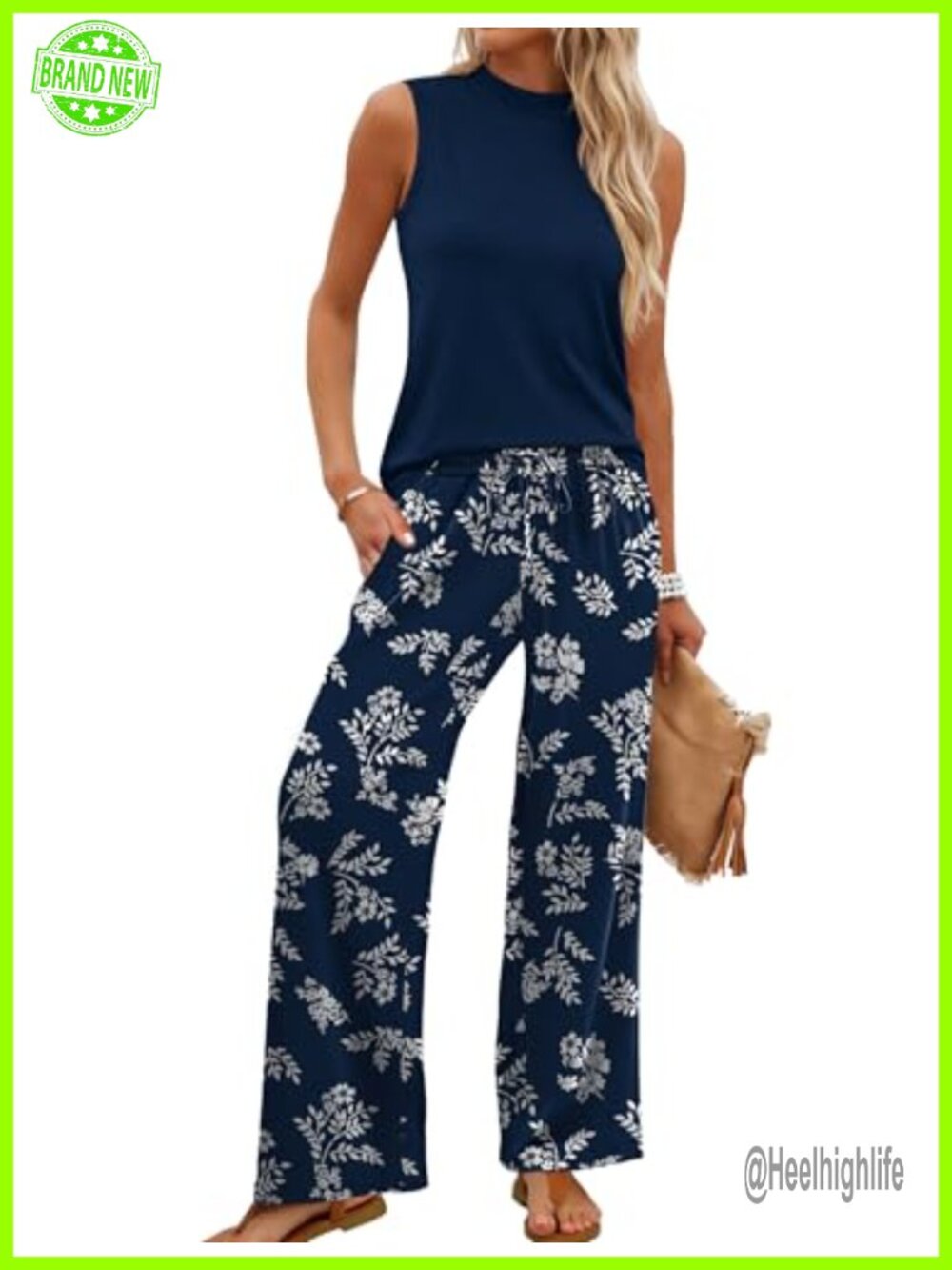 Two Piece Set Mock Neck Sleeveless Wide Leg Pant Set Travel Casual